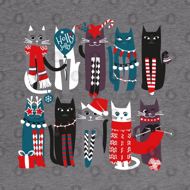 Feline Christmas vibes // print // grey background grey green white purple beet and black kittens by SelmaCardoso